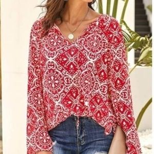 Women's print blouse, tie at neck, loose fit